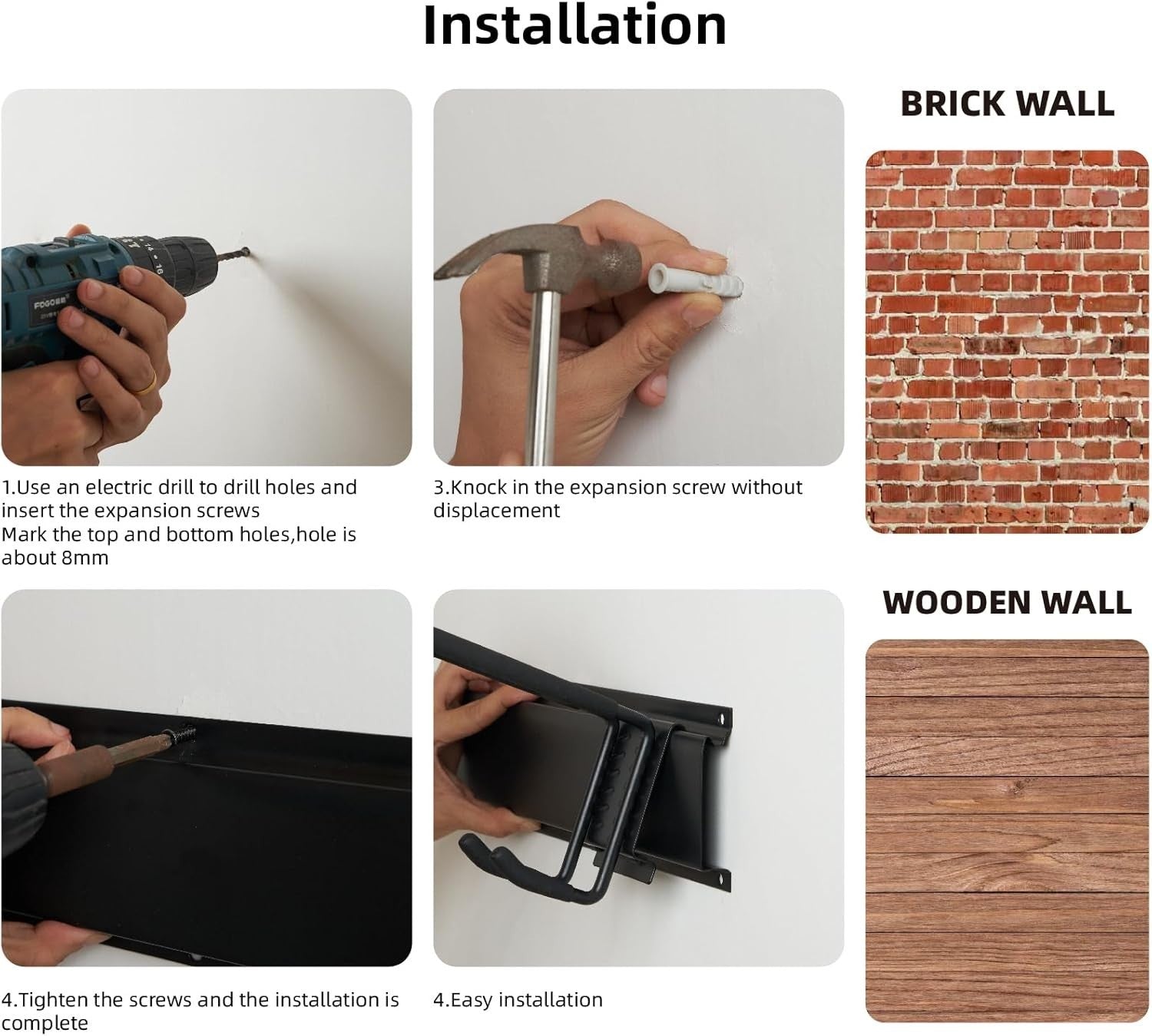 Garage Tool Rack Wall Mounted 6 Adjustable Hooks Heavy Duty Steel Black