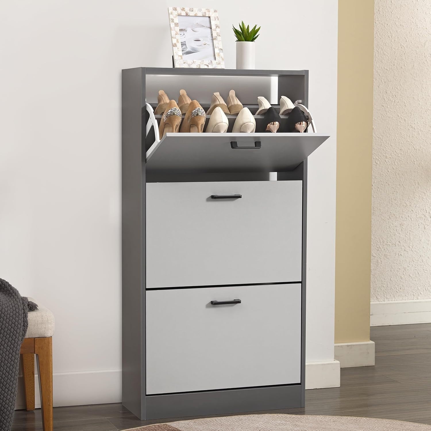 Sleek 3 Drawer Shoe Cabinet Slim Storage Organizer with Adjustable Shelves