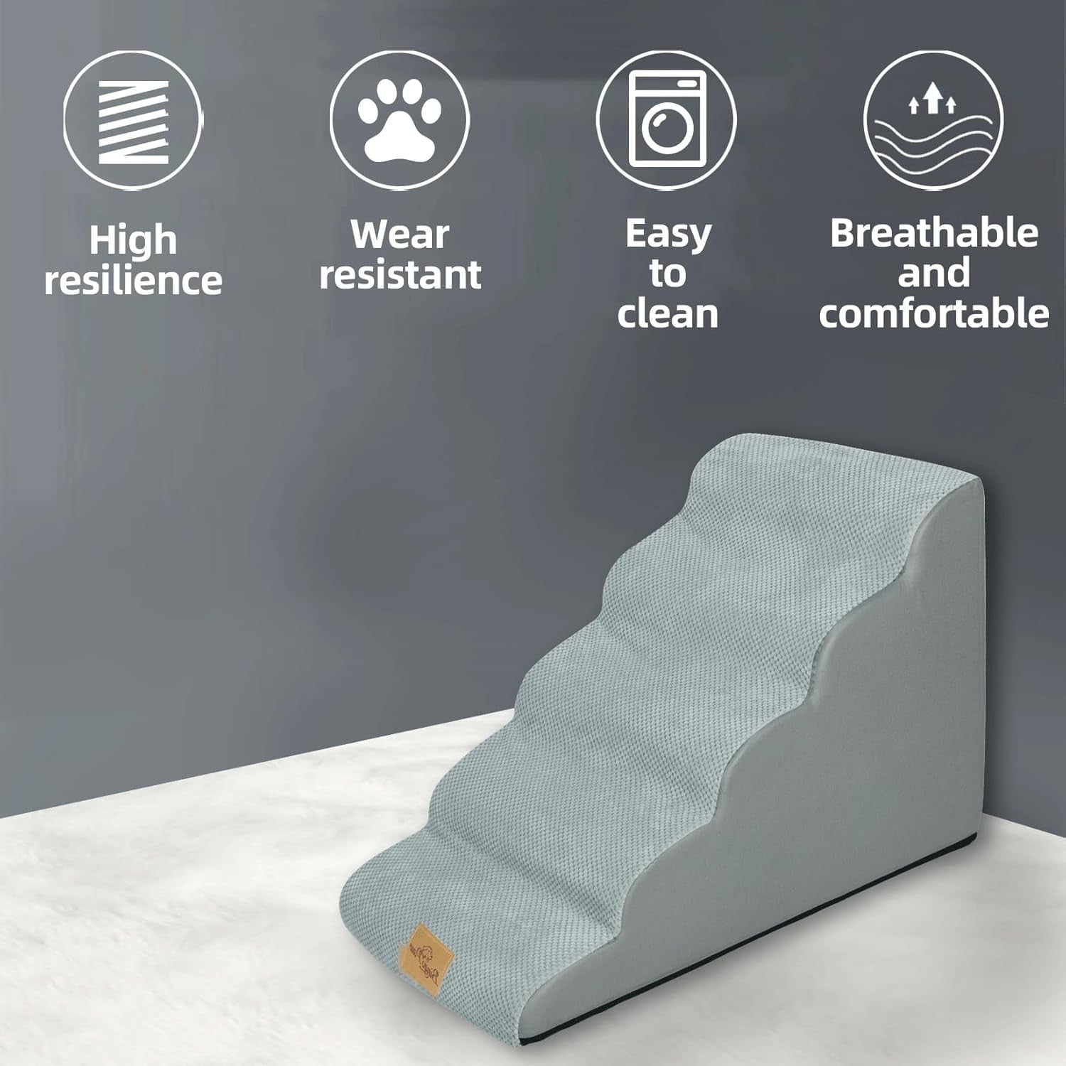 Grey 5 Step Dog Ramp Stairs High Density Foam Washable