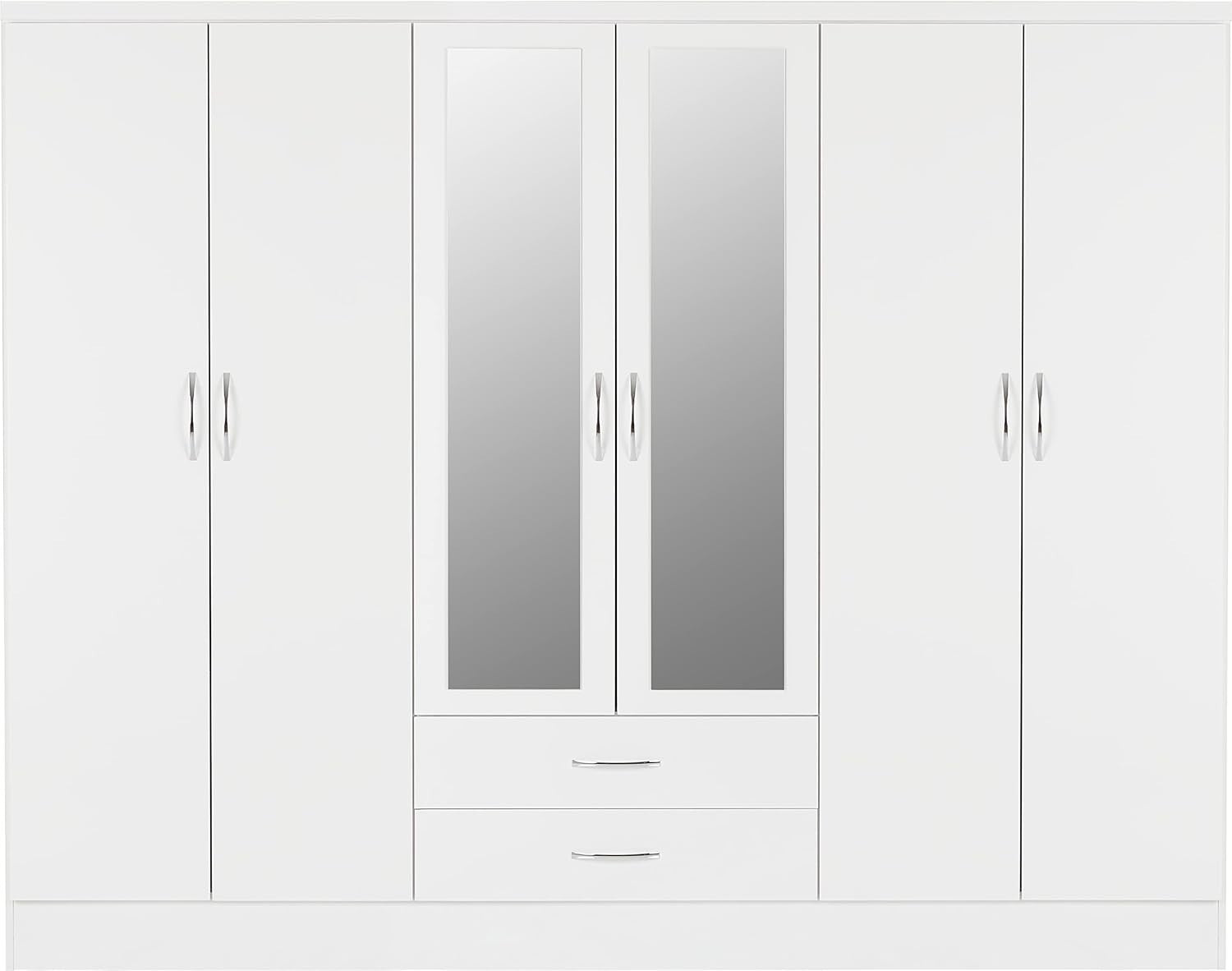 6 Door White Gloss Wardrobe with 2 Drawers & Mirrors – Modern Bedroom Storage