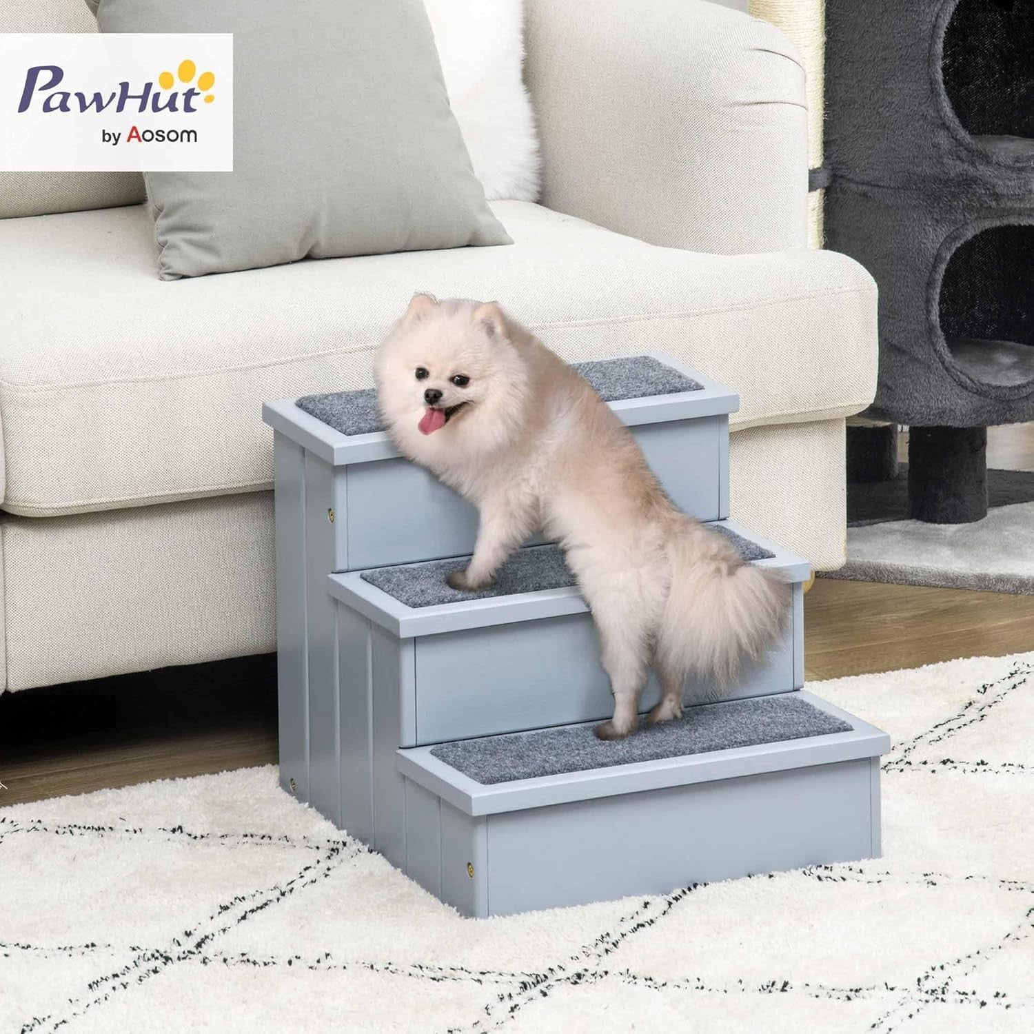 3-Step Wooden Dog Stairs Sofa Bed Pet Steps with Storage Grey