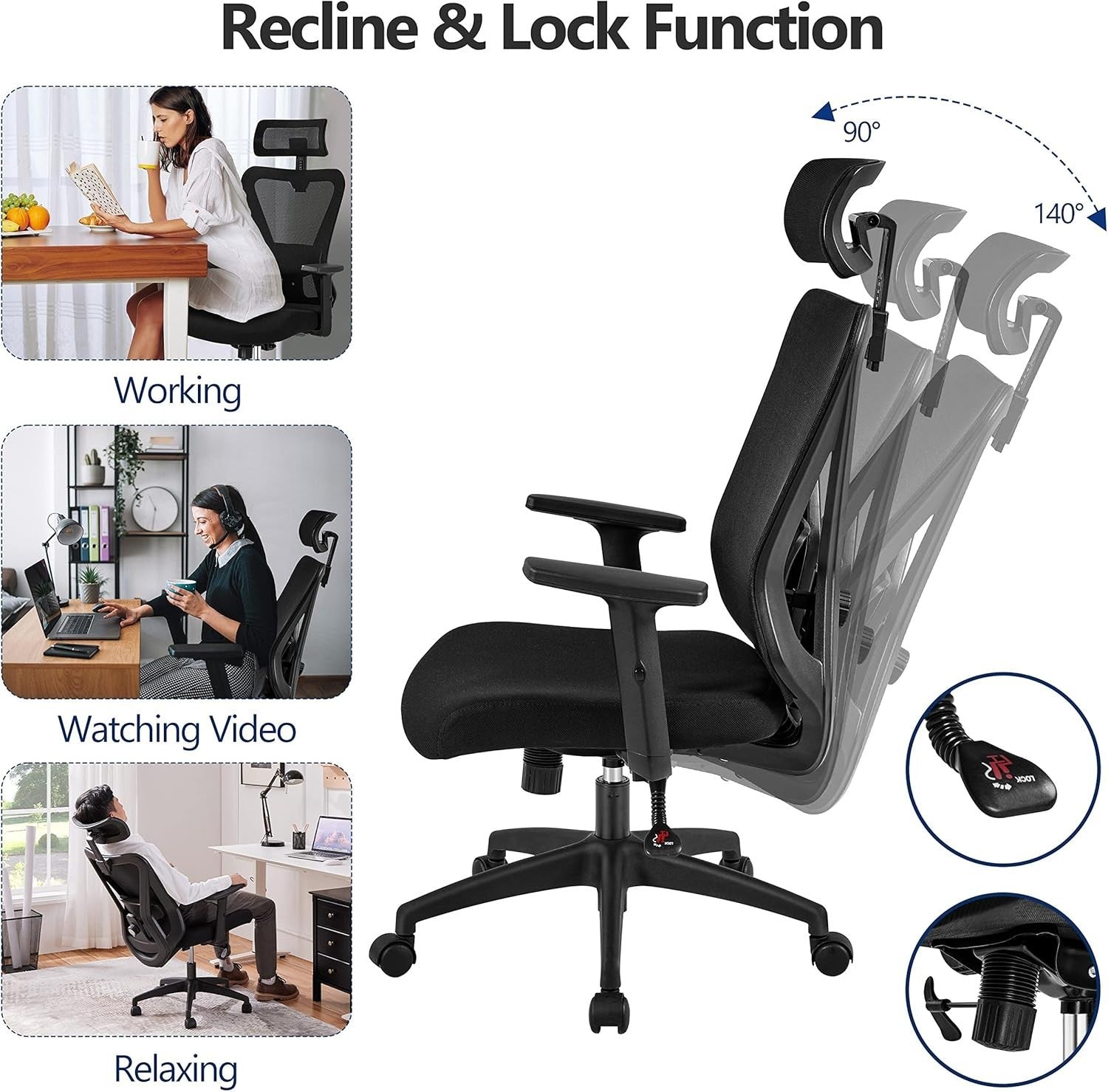 Ergonomic Office Desk Chair Mesh Back Adjustable Lumbar Headrest Reclining