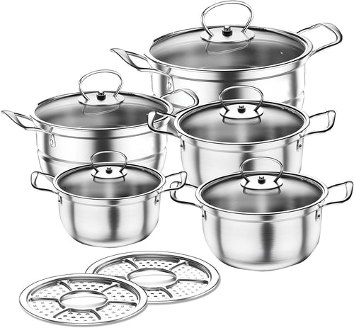 5Pcs Stainless Steel Cookware Set with Glass Lids  Non-Stick Pots Induction Safe