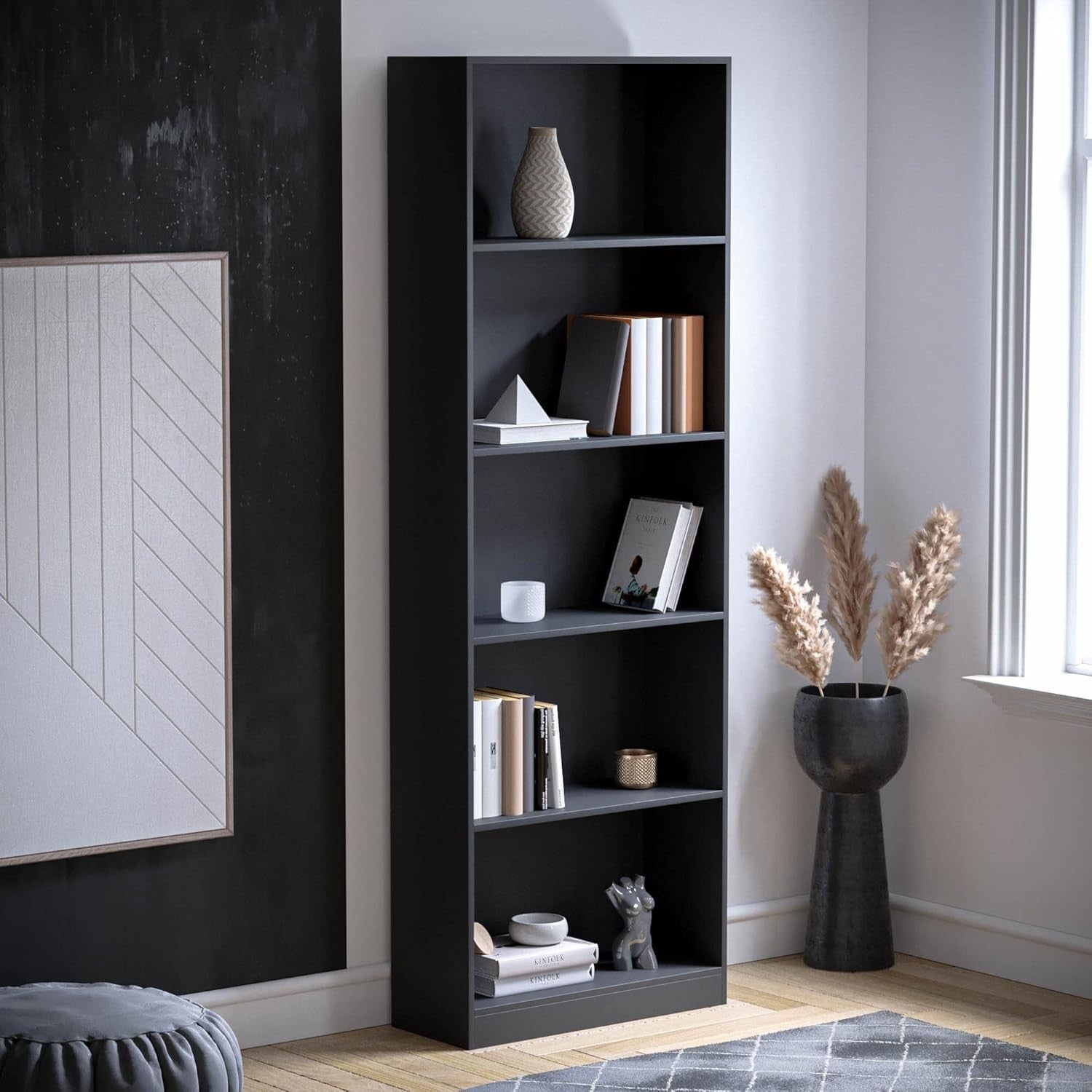5 Tier Black Wooden Bookcase Modern Storage Display Shelf for Living Room