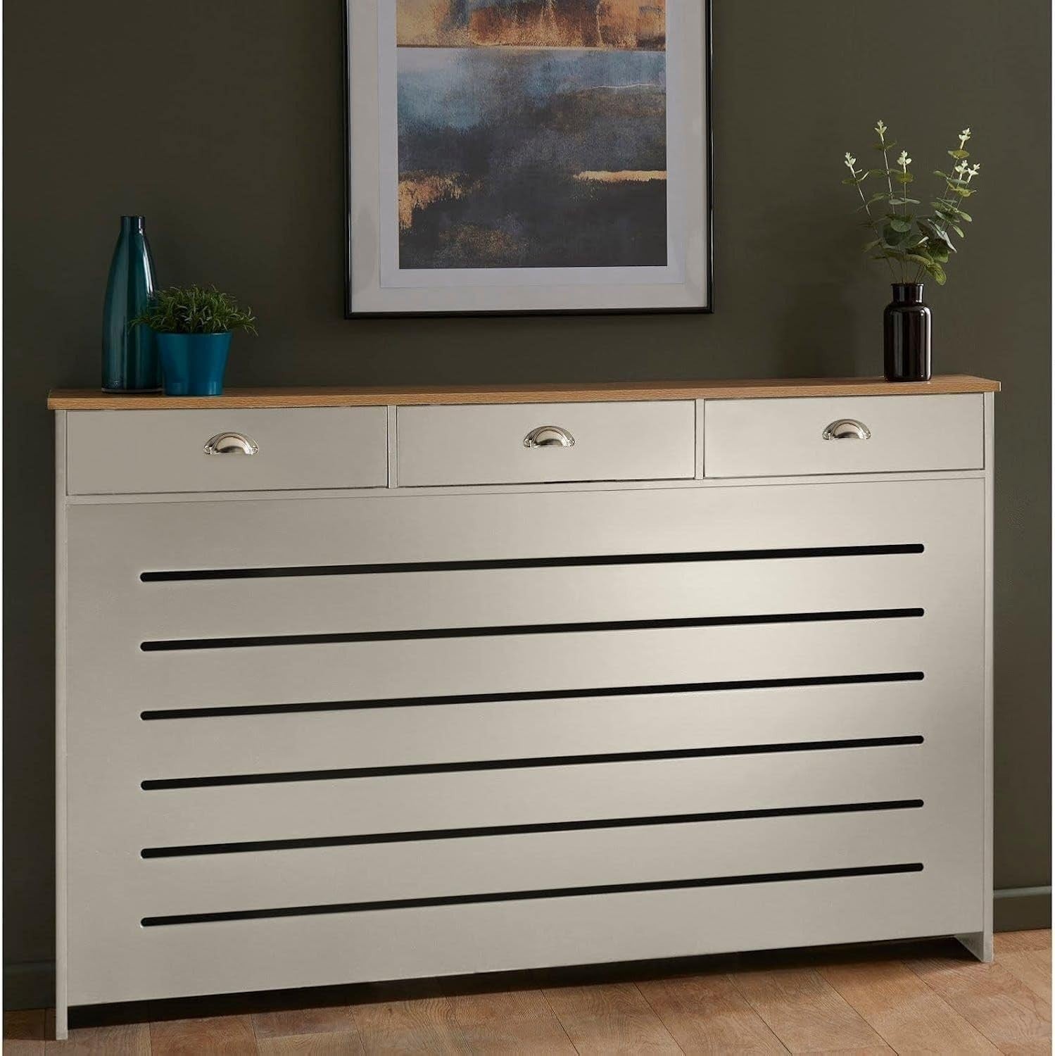 Cream Radiator Cover 150x19x96cm MDF Heating Cabinet | 3 Drawer Horizontal Slat