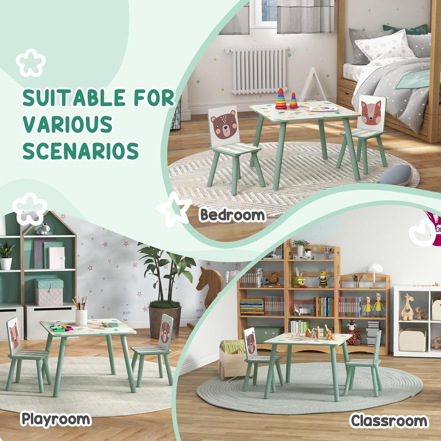 Kids Table & Chairs Set with Easel, Chalkboard & Paper Roll, Sturdy Pine