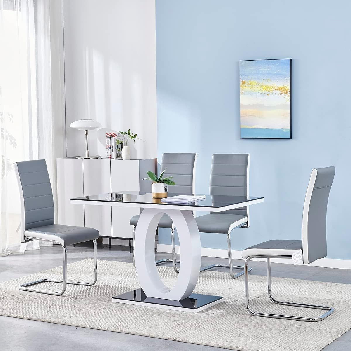 120cm Gloss Dining Table & 4 Grey White Chairs | Chrome Kitchen Set