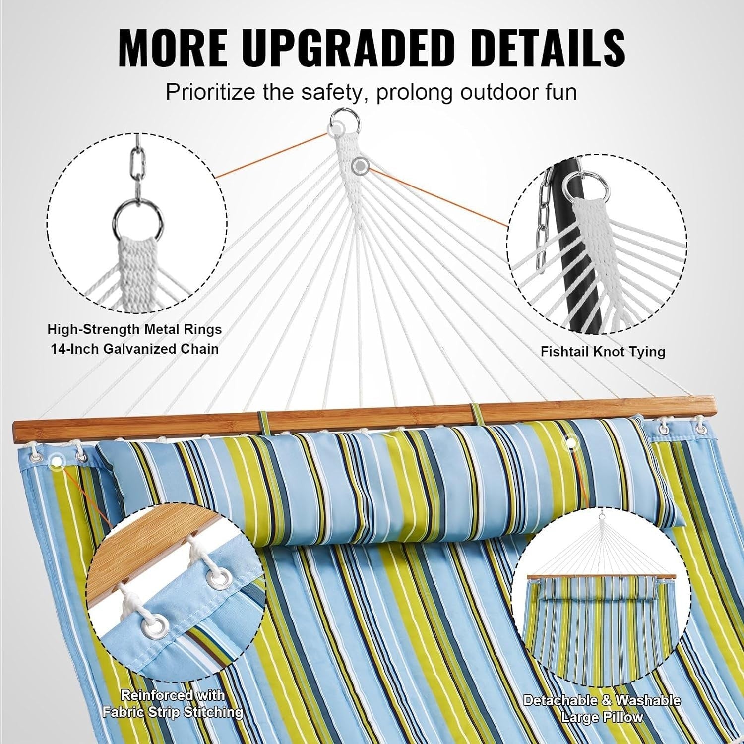 Luxury Double Hammock w/ Pillow & Hardwood Bar – Outdoor Garden, Patio, Camping