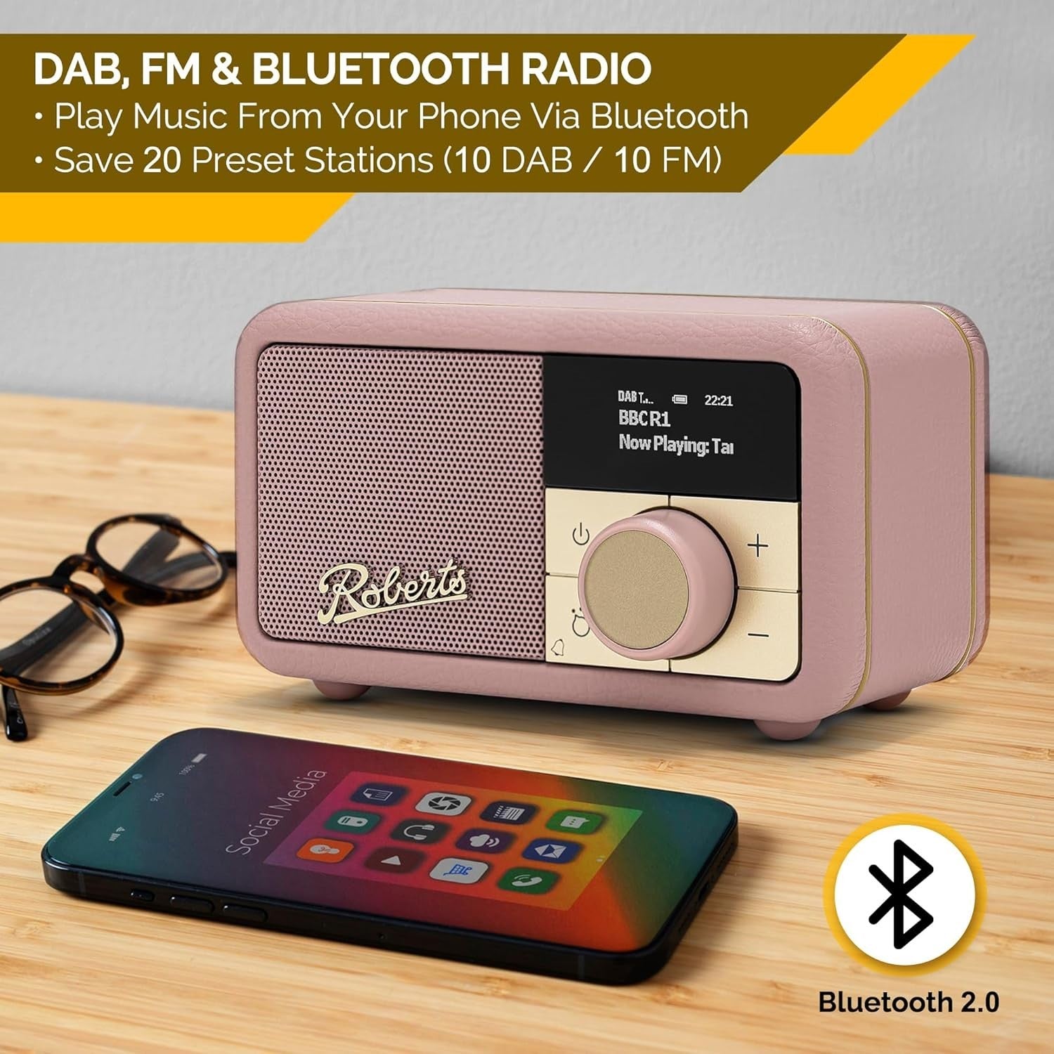 Portable DAB+ FM Radio Bluetooth | 20H Battery Dusty Pink