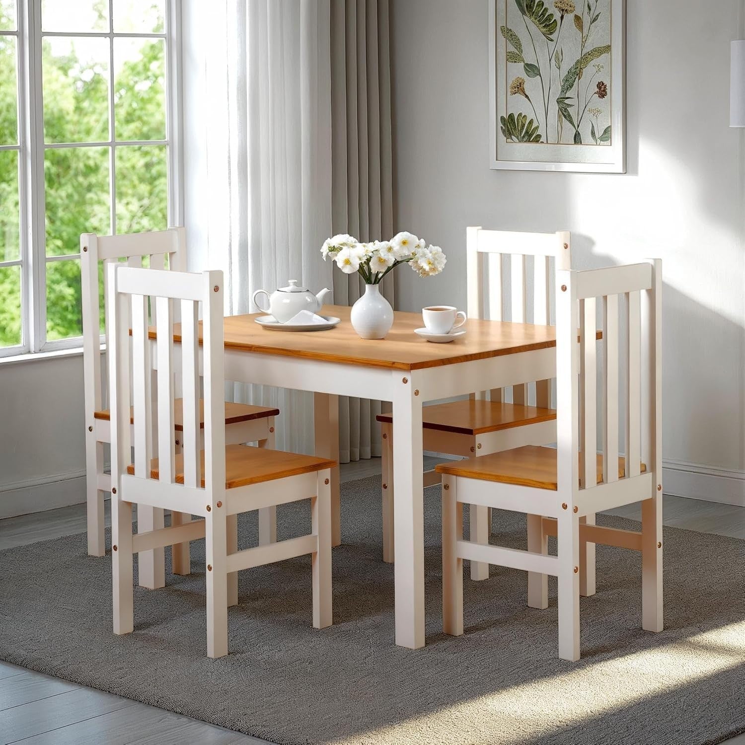 White Oak Effect 5-Piece Dining Set | 4 Slatted Chairs + Table | Rustic Farmhous