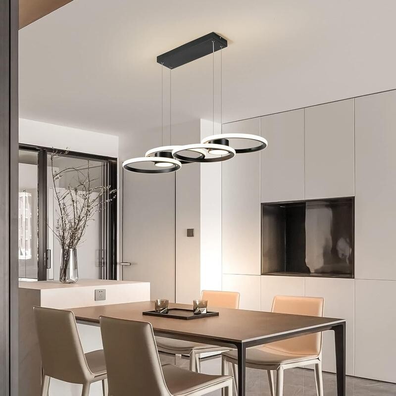 Black LED Ring Chandelier 4 Ring Dimmable Pendant Light for Kitchen