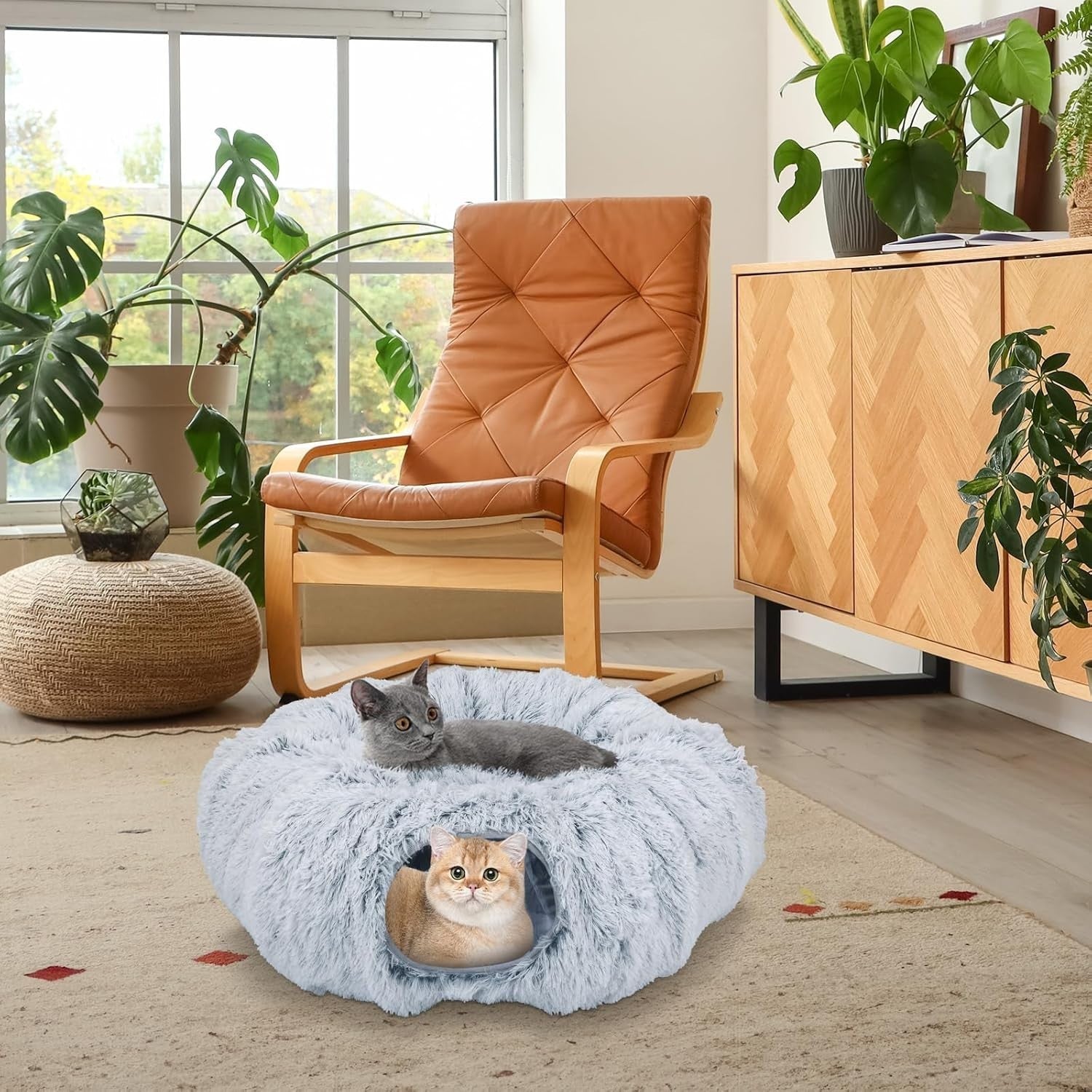 Cat Tunnel Bed Fluffy Cat Cave Toy w Cushion Large Indoor Pet Tunnel