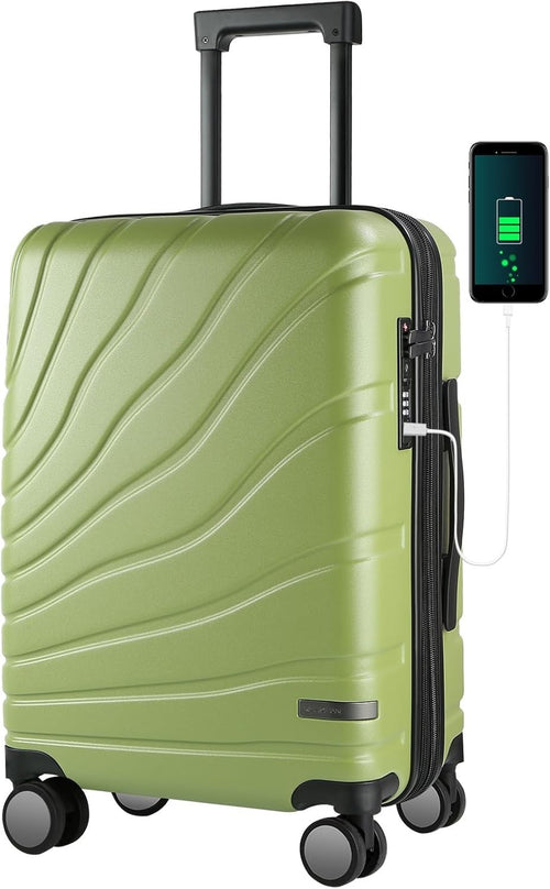 Green 20 Inch Cabin Suitcase PC Hard Shell Expandable Spinner TSA Lock