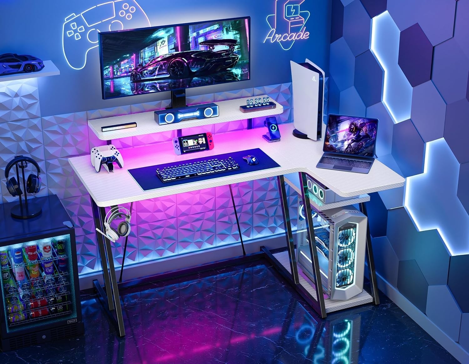 White 120cm L Shaped Gaming Desk with LED Lights W/ Monitor Stand & Shelves