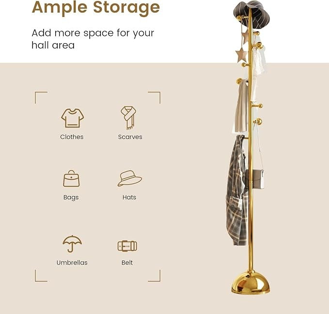Gold Freestanding Metal Coat Rack | 8 Hooks Modern Floor Stand with Weighted