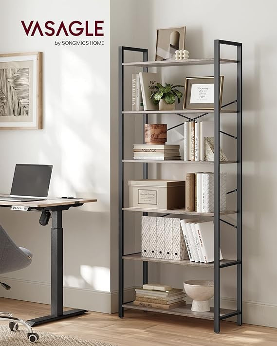 6 Tier Industrial Bookshelf Tall Storage Unit Metal Frame 30×80×186cm Shelving
