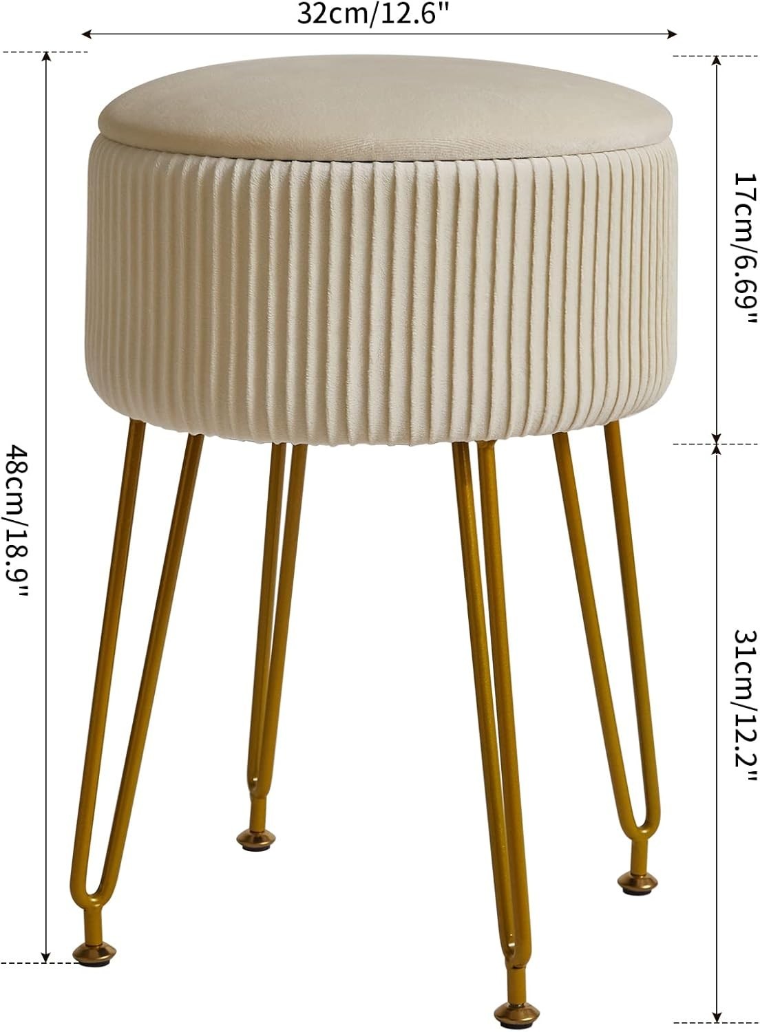 Velvet Round Storage Footrest Stool with Gold Legs – Creamy White Ottoman