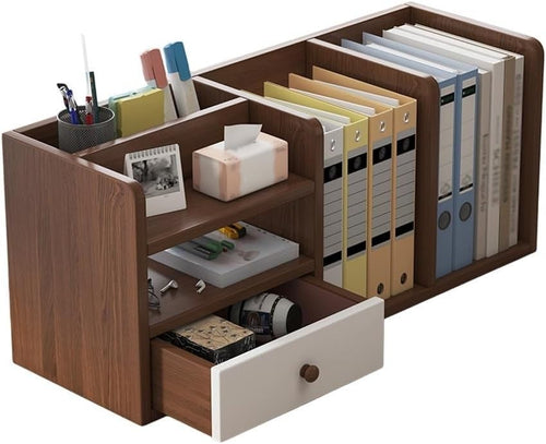 Wood Desktop Storage Rack w/ Drawer | Multi-Tier Office Bookshelf 56x17x25cm