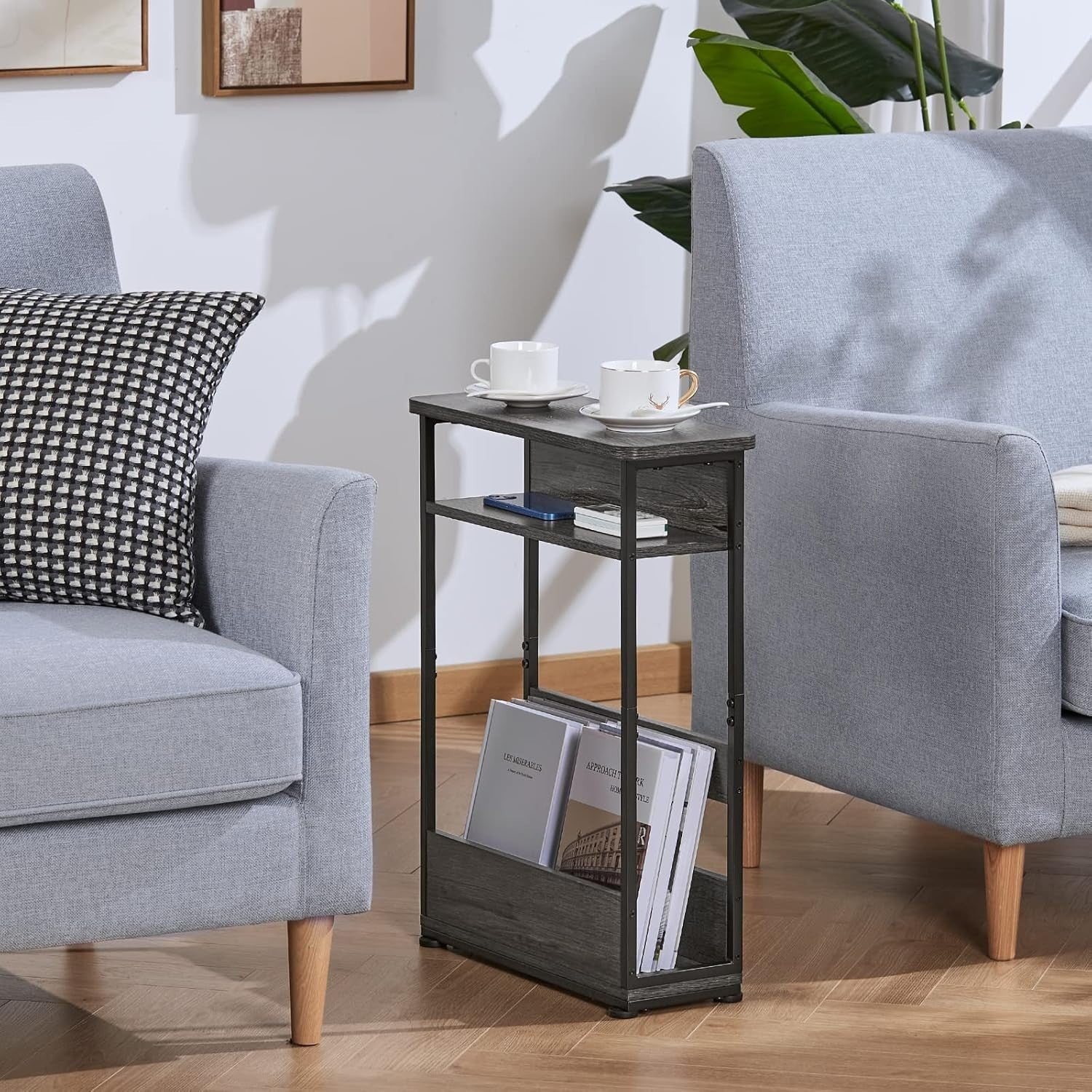 Narrow 3-Tier Side Table with Storage Shelf, Slim End Table for Small Spaces 46x
