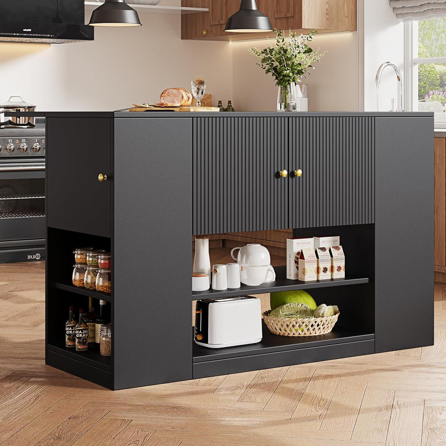 Kitchen Island with Fold Out Table, Storage Cabinet & Drawers, Black