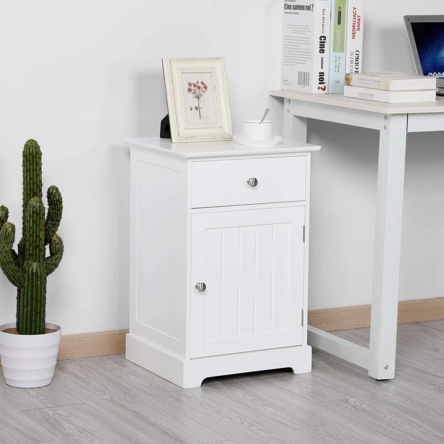White Wooden Bedside Tables Set of 2 with Drawer & Cupboard
