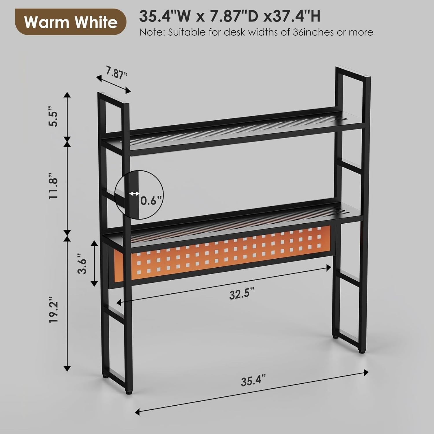 35.4" Metal Desk Hutch Shelf with Pegboard | 2-Tier Desktop Organizer Black