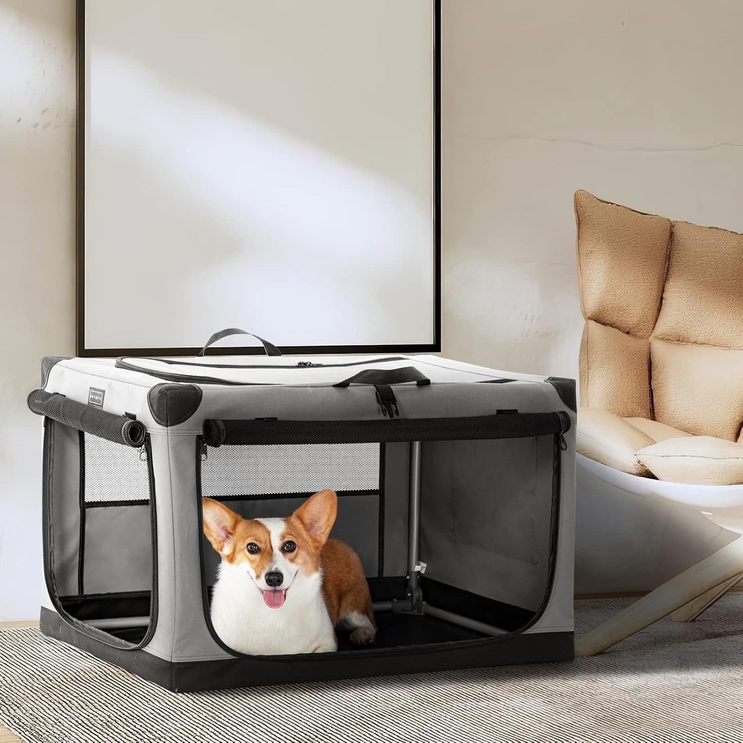 Foldable Soft Dog Crate – Portable Travel Pet Kennel for Home & Car (Grey)