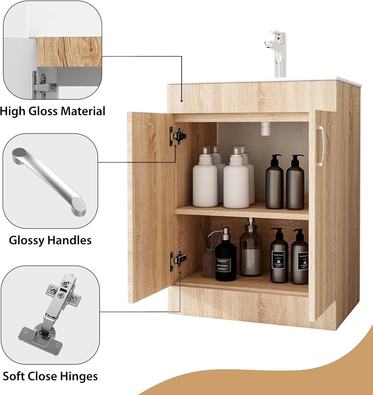 600mm Oak Wood Grain Bathroom Vanity Unit with Basin Floor Standing Sink Cabinet
