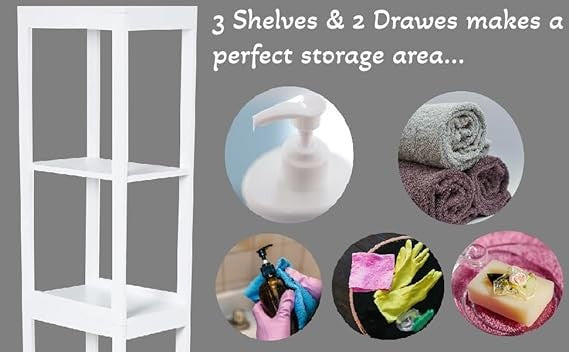 Tall Slim White Bathroom Storage Cabinet – 3 Shelves + 2 Door Cupboard Unit