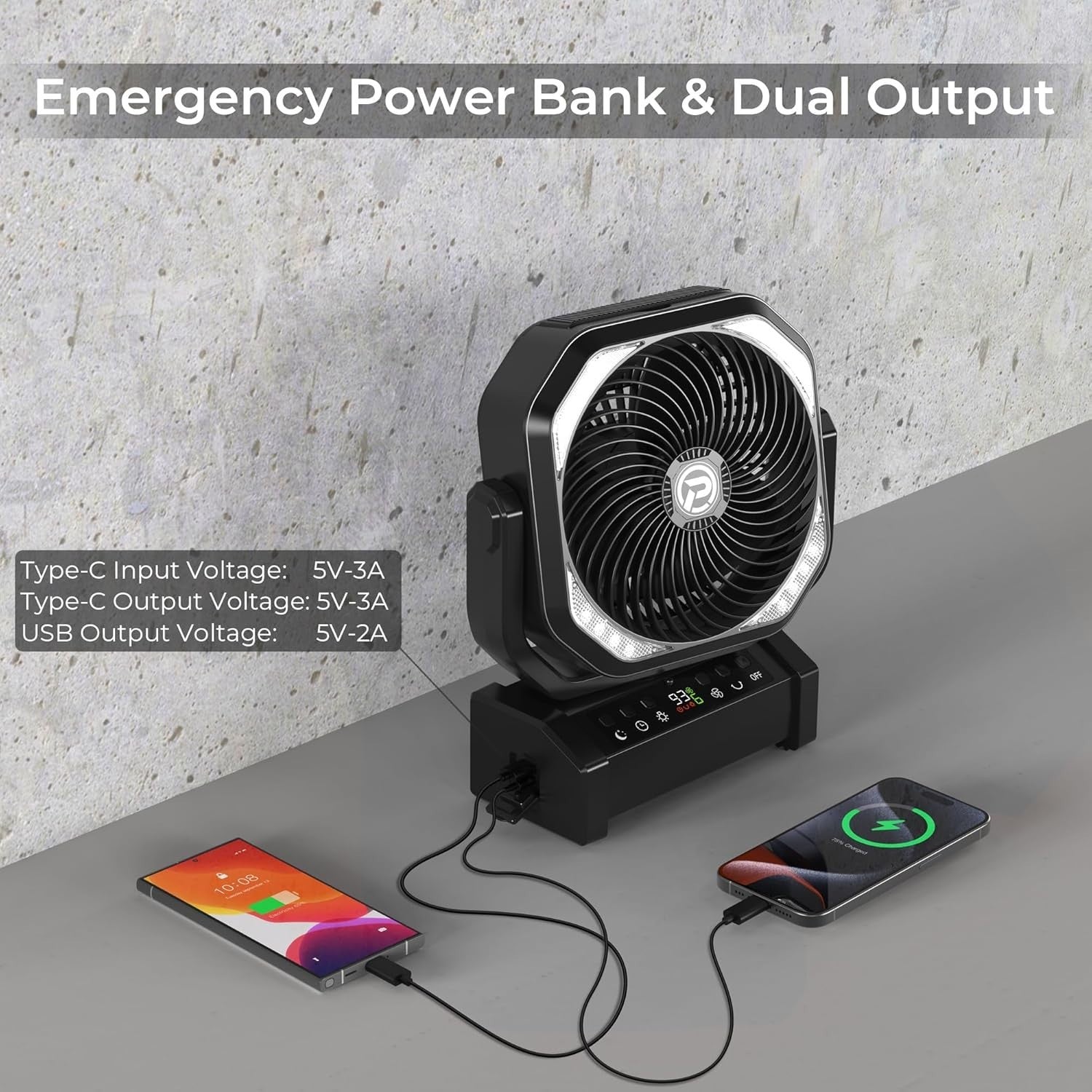Black Camping Fan – 20000mAh Rechargeable w/ LED Light, 9 Speeds & Remote Timer