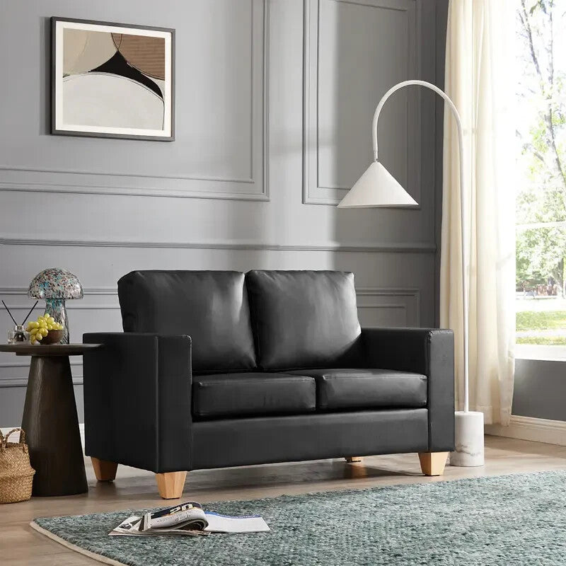 Black Faux Leather 2 Seater Sofa Modern Compact Couch Solid Wood Legs