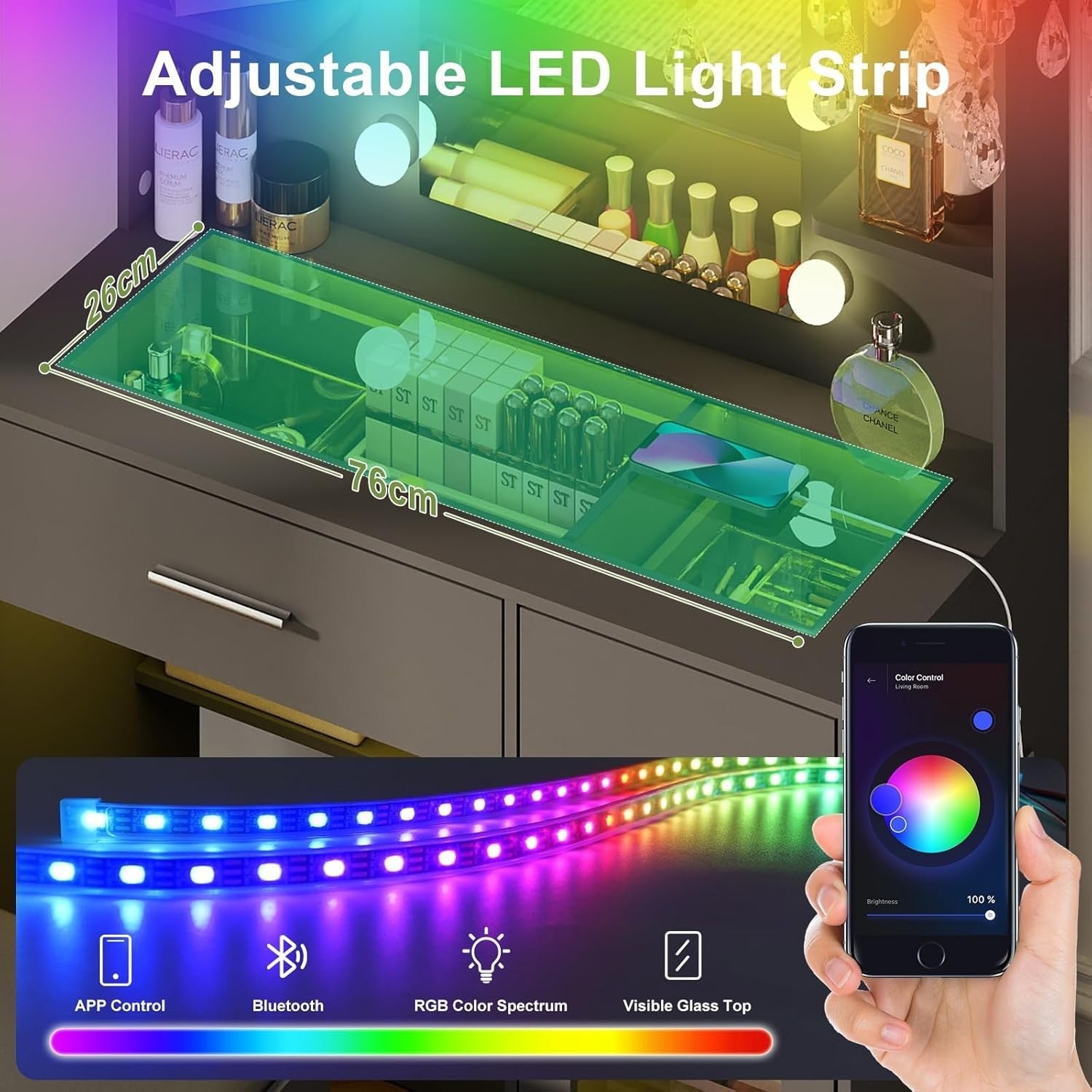 Modern Vanity Dressing Table Makeup Desk LED Light Mirror USB Charging 90x140x40