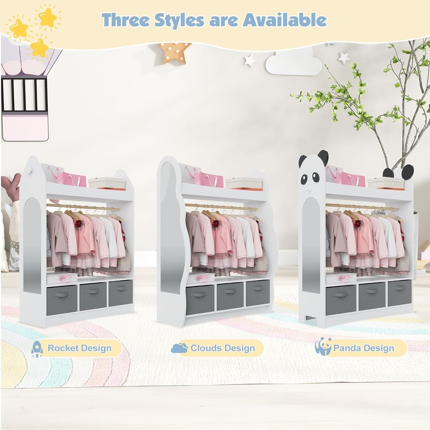 Kids Wardrobe Dress Up Storage with Mirror Costume Rail Closet Armoire White