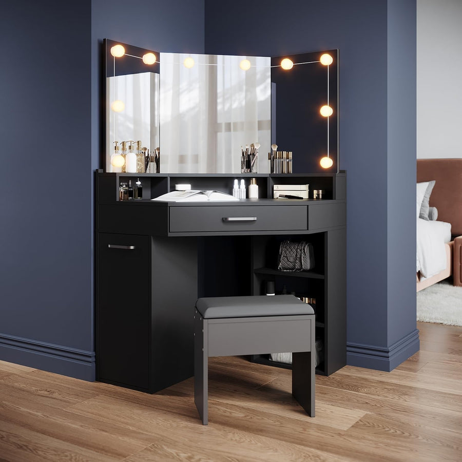 Corner Vanity Makeup Dressing Table with LED Lights Mirror Drawer Stool Black