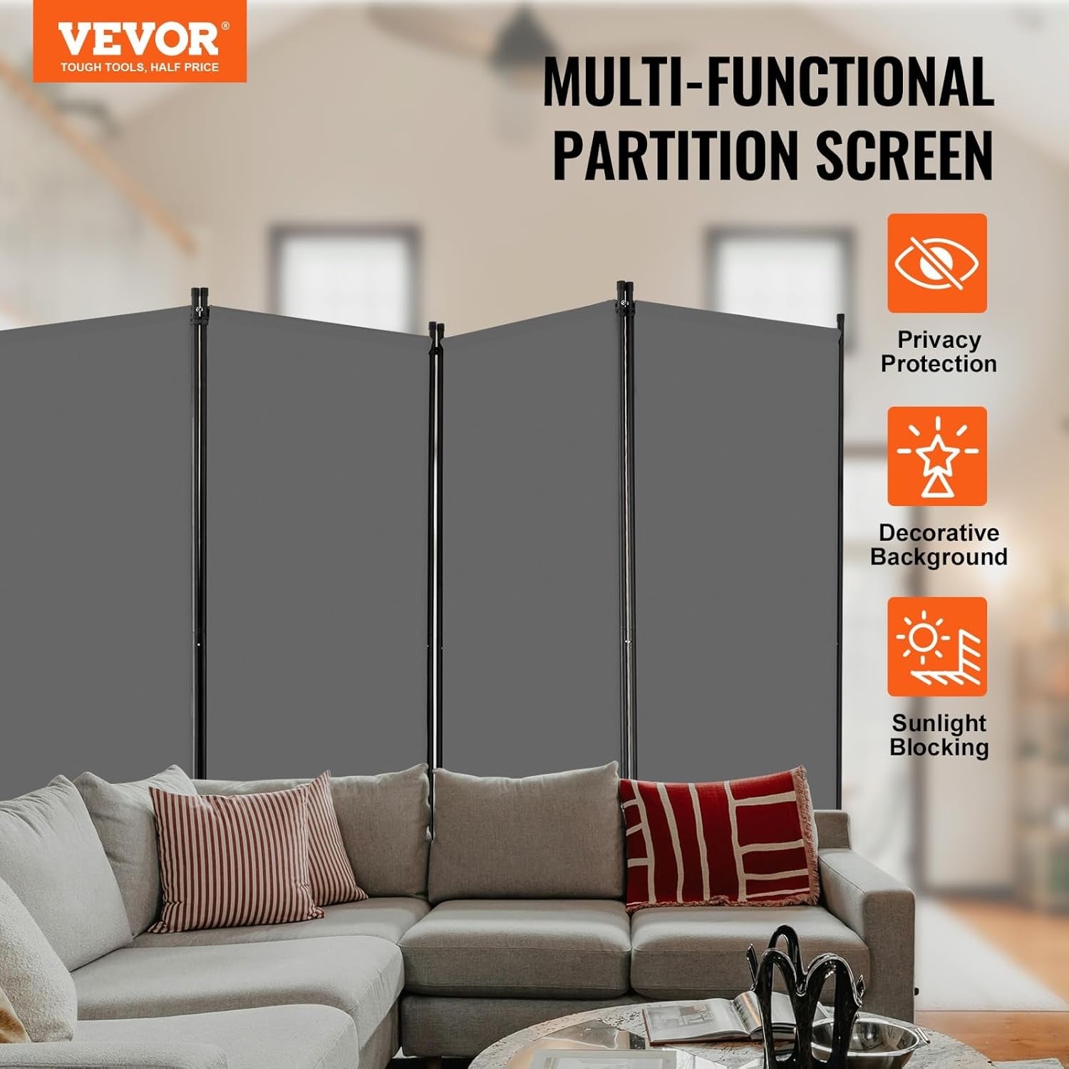 4 Panel Folding Room Divider Grey Fabric Freestanding Privacy Screen 360x184cm