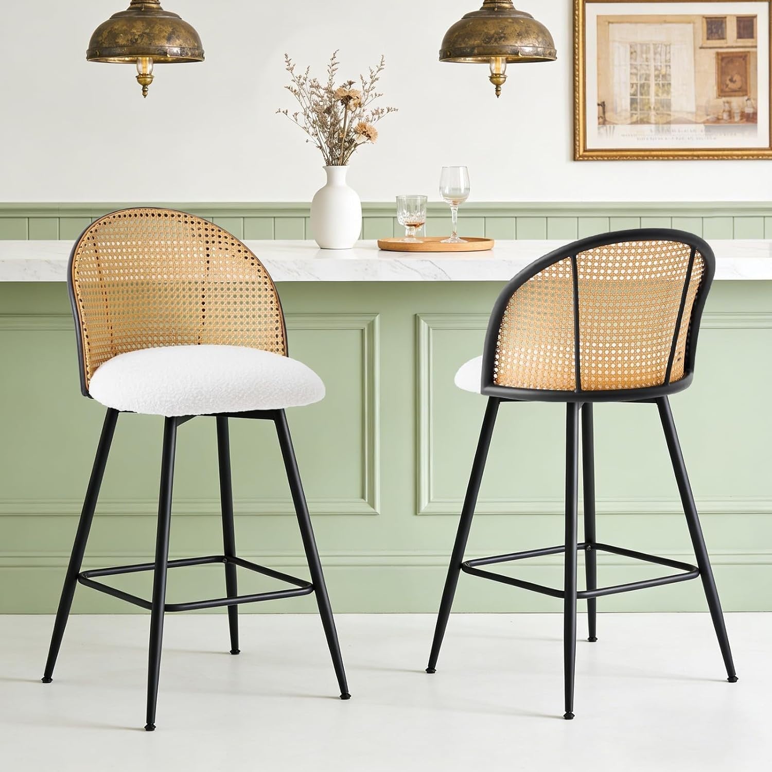 White Swivel Kitchen Counter Stools Pair Upholstered Rattan Back Island Seats