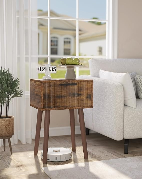 Rustic Brown Fluted Bedside Tables Set of 2, Small End Tables with Drawer & Wood