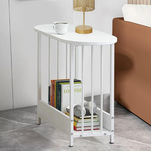 Slim White C-Shaped Side Table – Narrow Sofa Table with Metal Frame