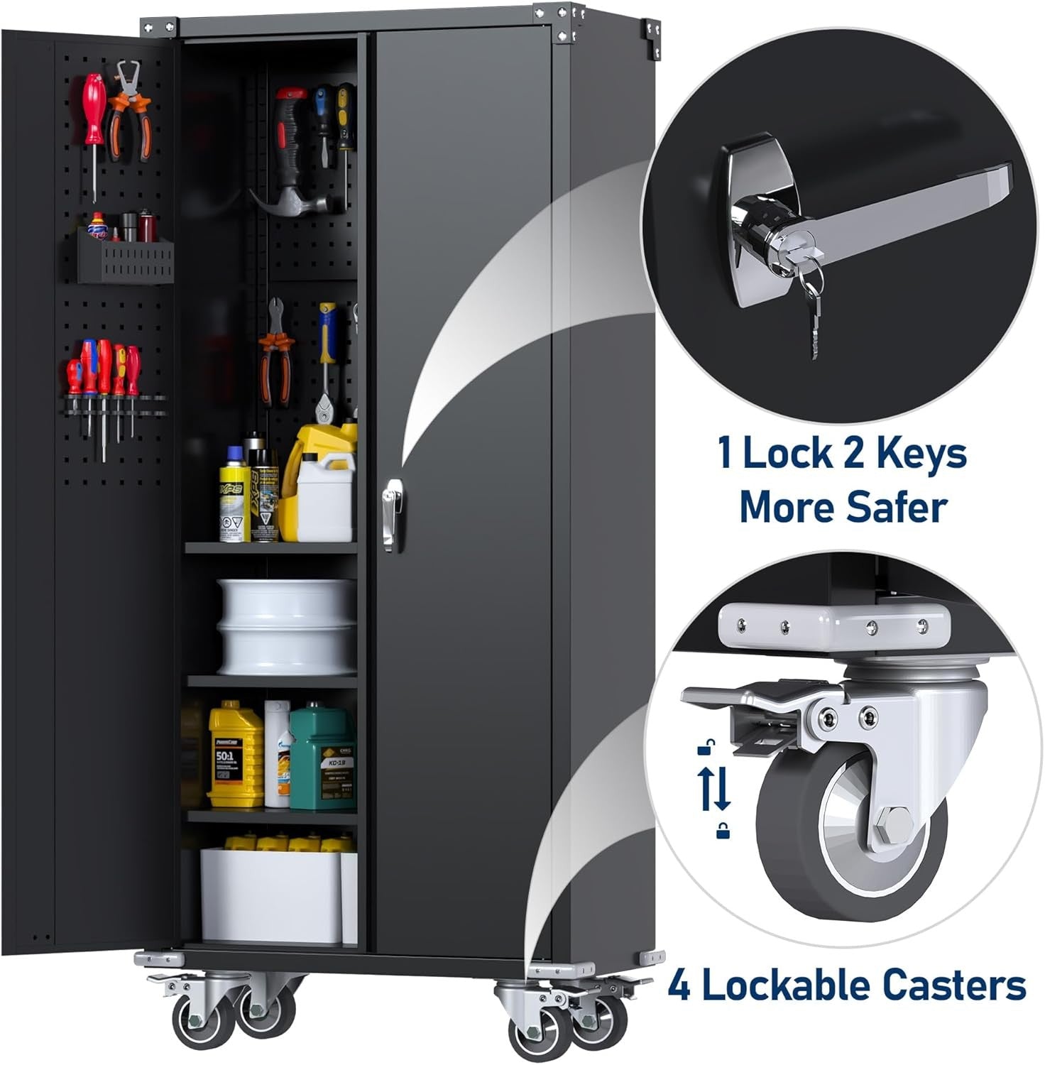 Tall Metal Storage Cabinet with Wheels 4 Shelves Lockable Pegboard Garage