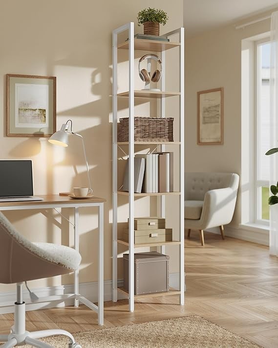 6-Tier Industrial Bookshelf Slim Beige White Metal Wood Tall Storage Unit