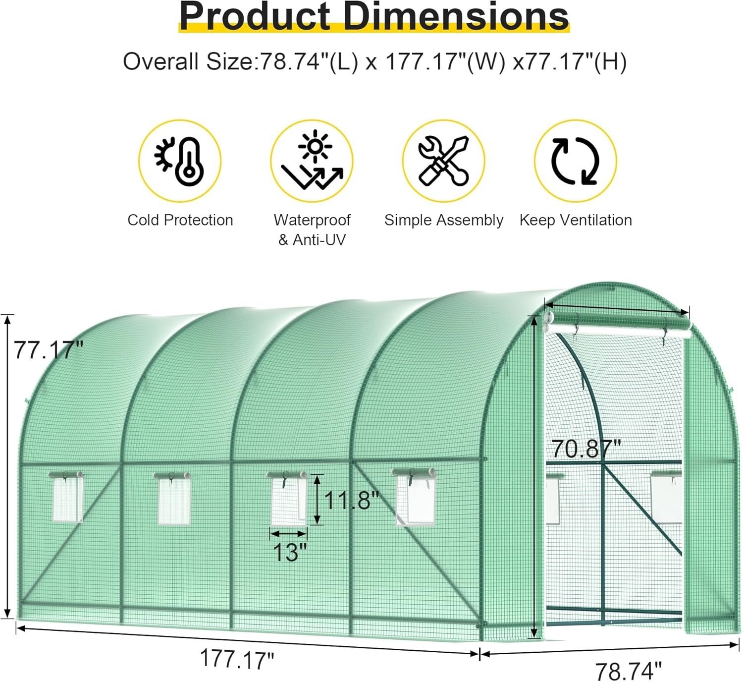 Walk-In Greenhouse 15x7x7ft | Heavy Duty Steel Frame & PE Cover