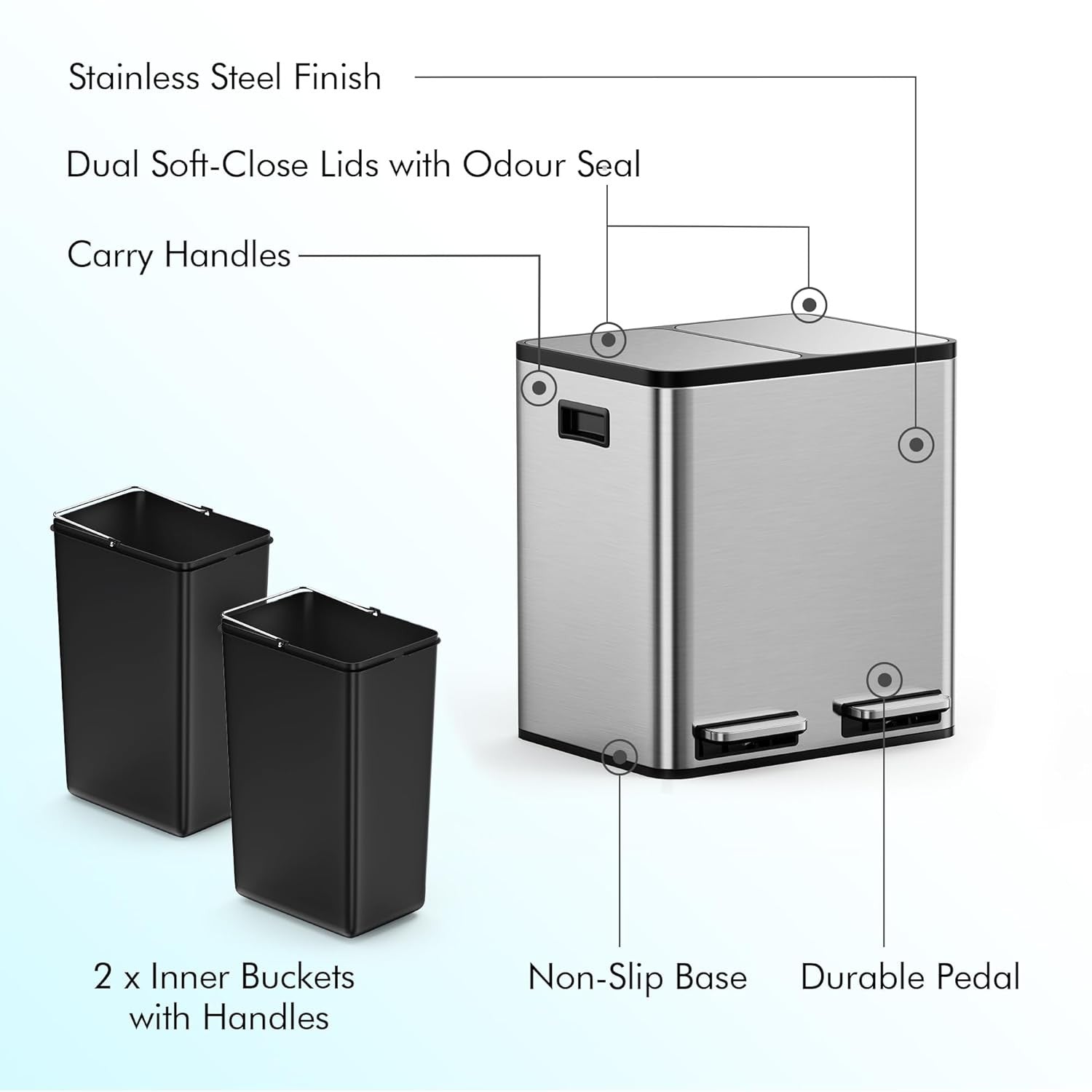 30L Double Recycling Bin Stainless Steel 2x15L Pedal Kitchen