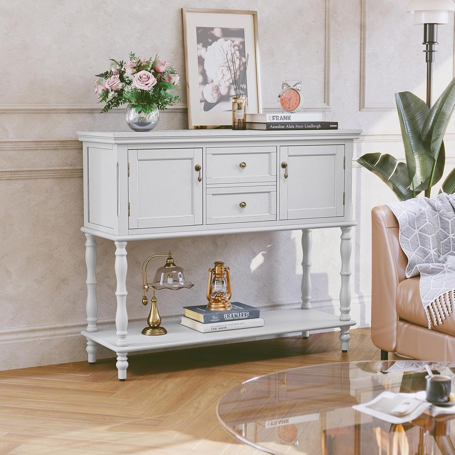 White Wooden Console Table with Drawers & Storage, Hallway Entryway, 35.5"D