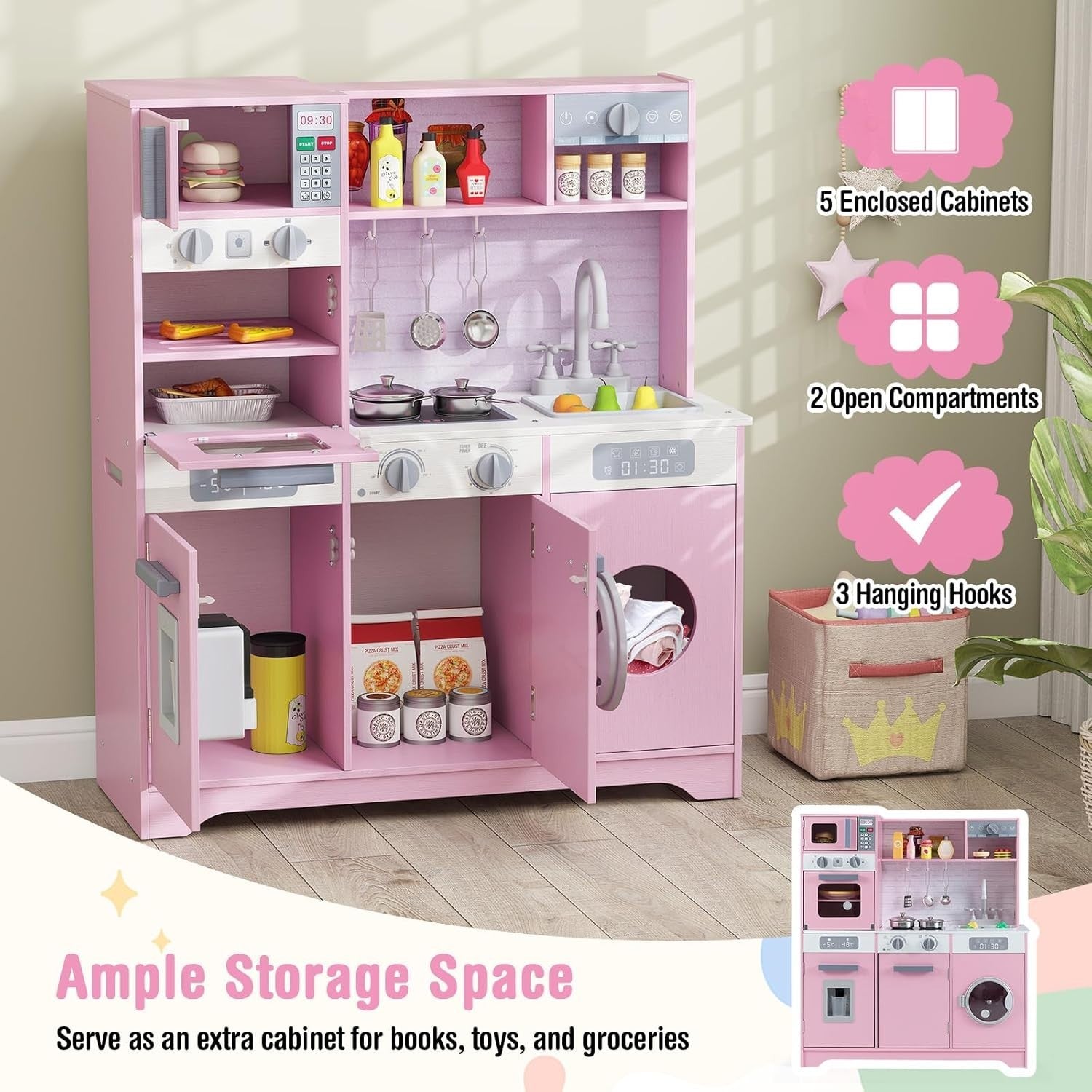 Pink Kids Wooden Play Kitchen Lights Sounds Washer Coffee Toy