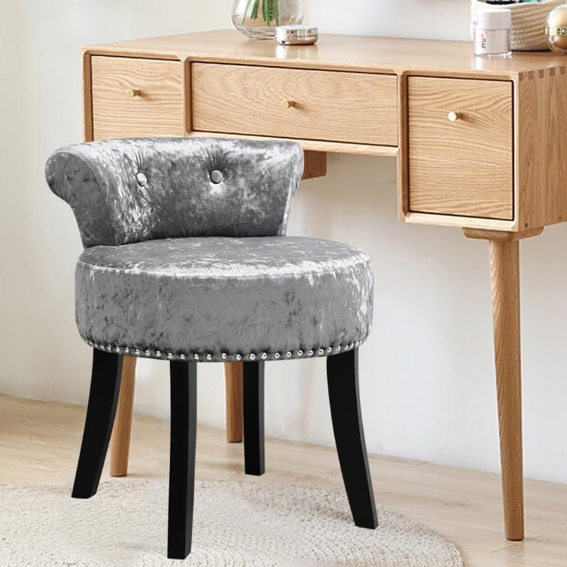 Silver Grey Velvet Vanity Stool with Tufted Back & Solid Wood Legs