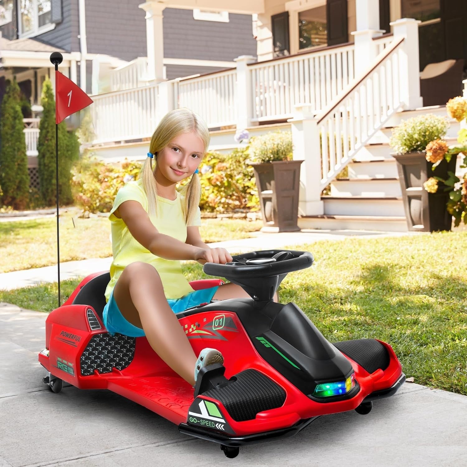 12V Electric Drift Go Kart Kids Ride On Car LED Lights Music 50kg Red