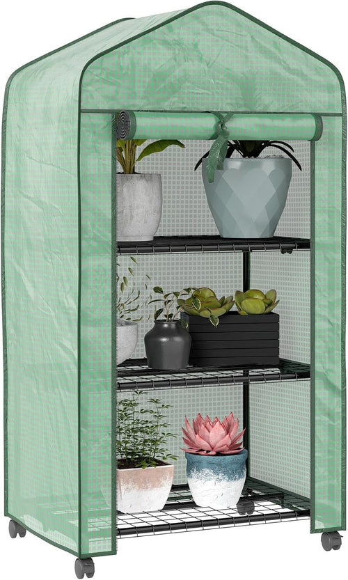 3 Tier Mini Greenhouse with Wheels Reinforced PE Cover Roll-Up Door