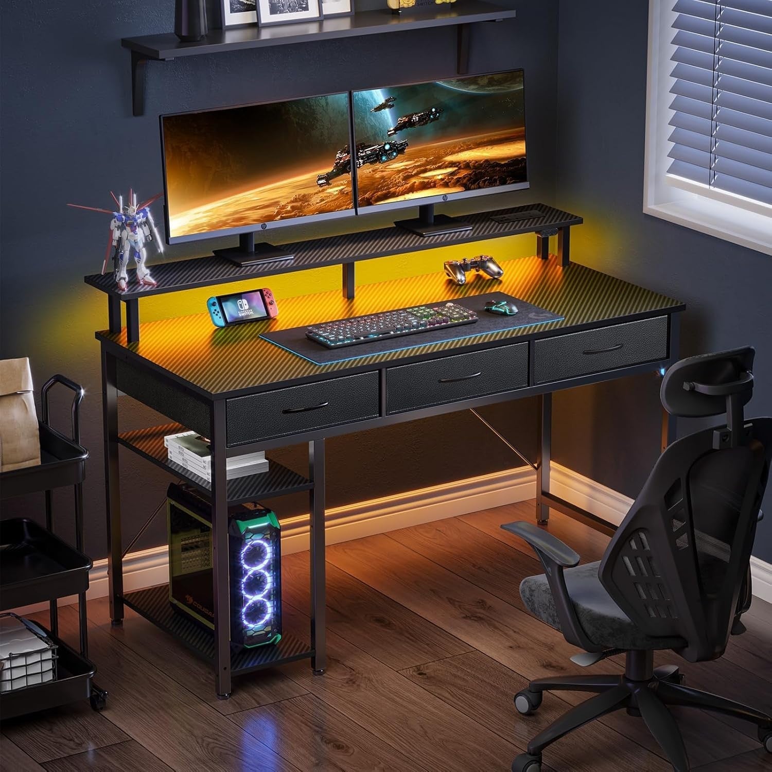 Black 120cm Computer Desk with Drawers, LED Lights & Power Outlets