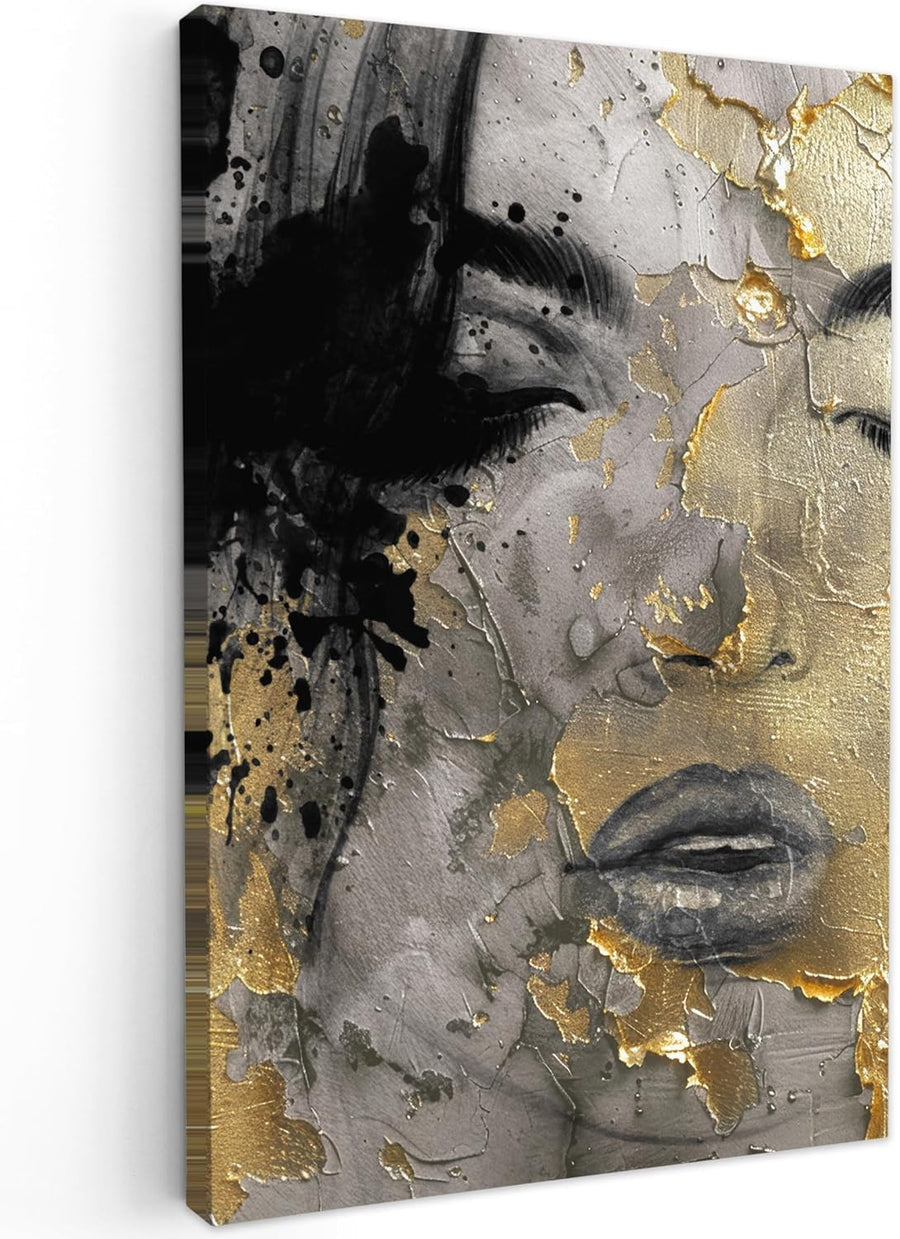 Gold Black Abstract Woman Canvas Wall Art 40x60cm Framed