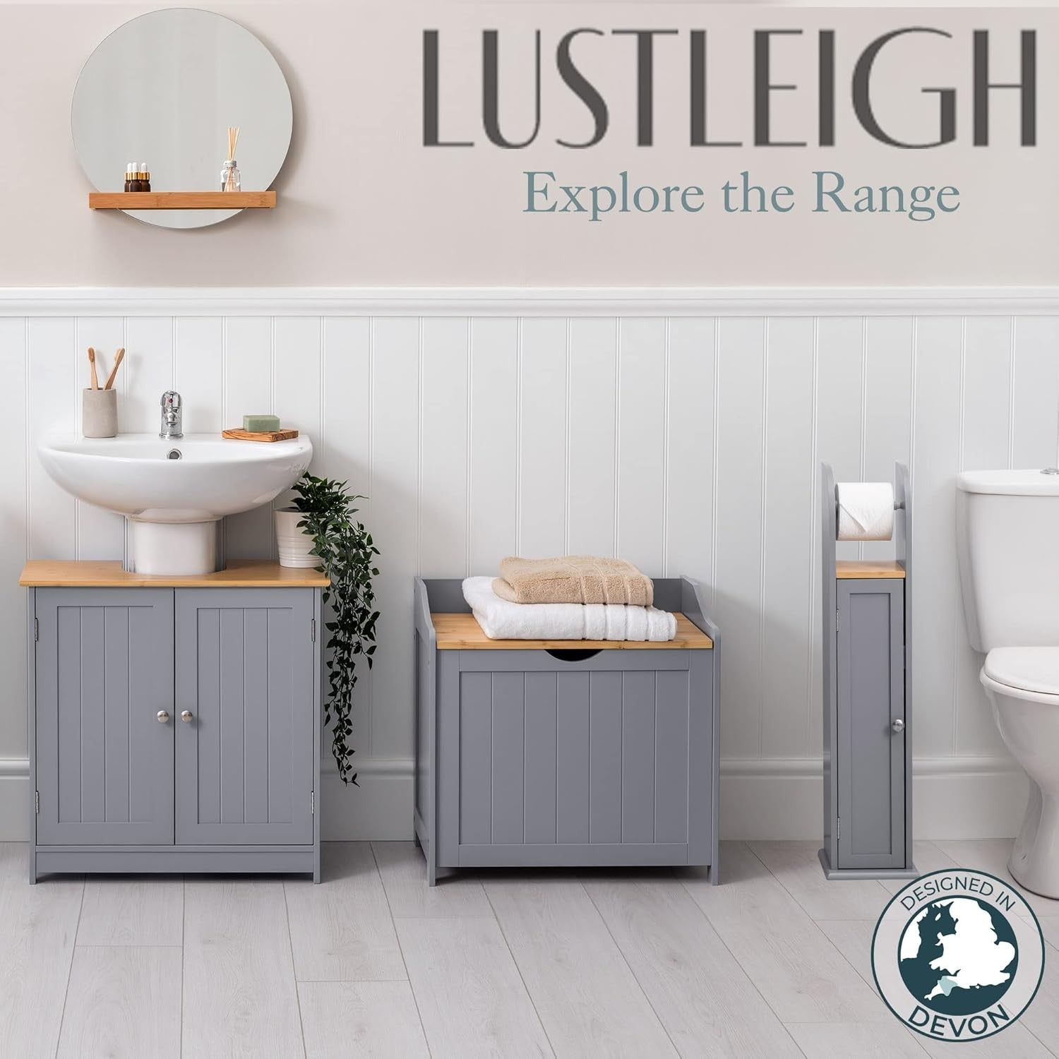 Bathroom Laundry Bin Cabinet Wooden Storage Box with Lift Lid Grey Bamboo